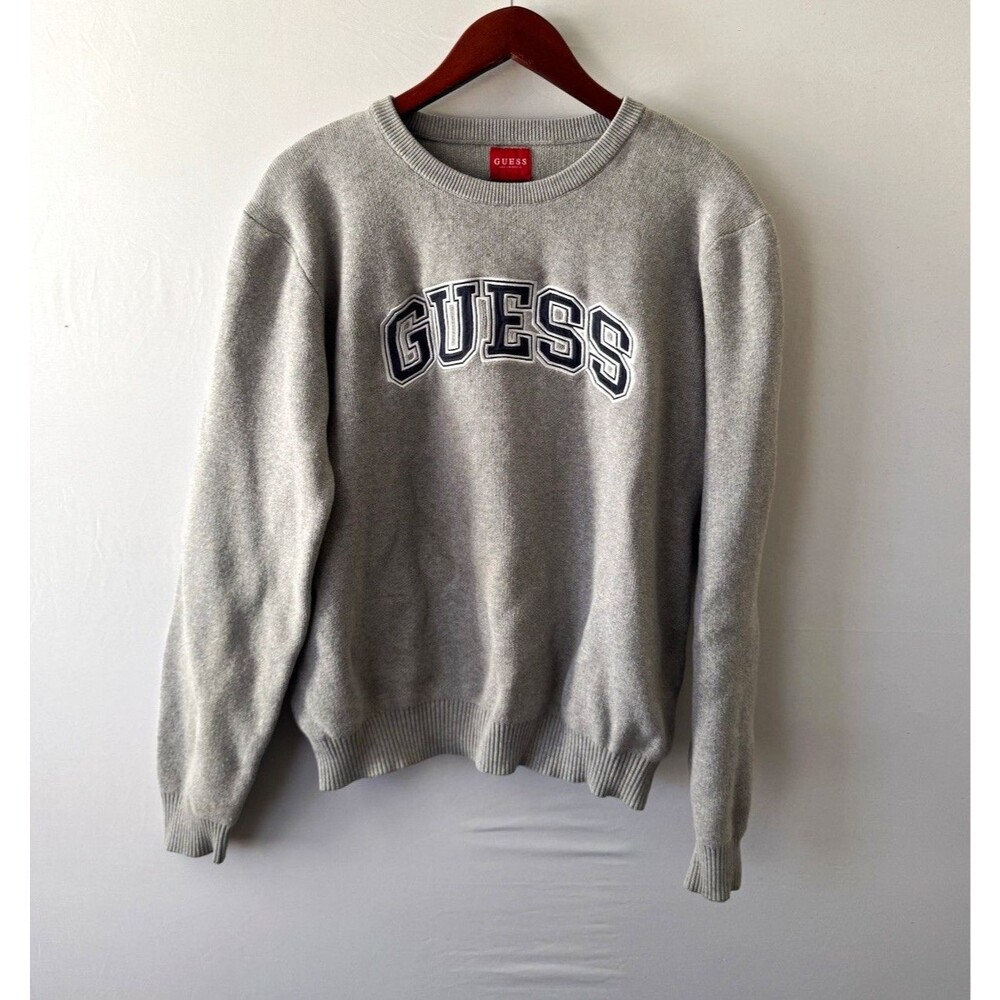 GUESS Los Angeles Mens L Gray Logo Knit Crewneck Cotton Pullover Sweater